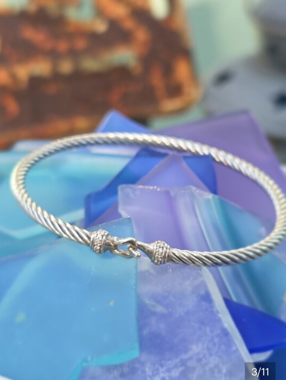 David Yurman Silver 2 Piece Cable Bracelet with Pavé Clasp